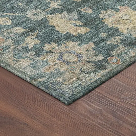 8' Teal Blue Beige And Gold Round Floral Washable Indoor Outdoor Area Rug Photo 8