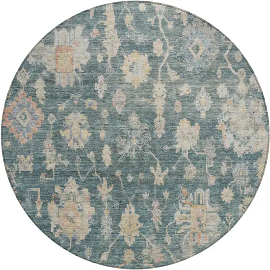 8' Teal Blue Beige And Gold Round Floral Washable Indoor Outdoor Area Rug Photo 1