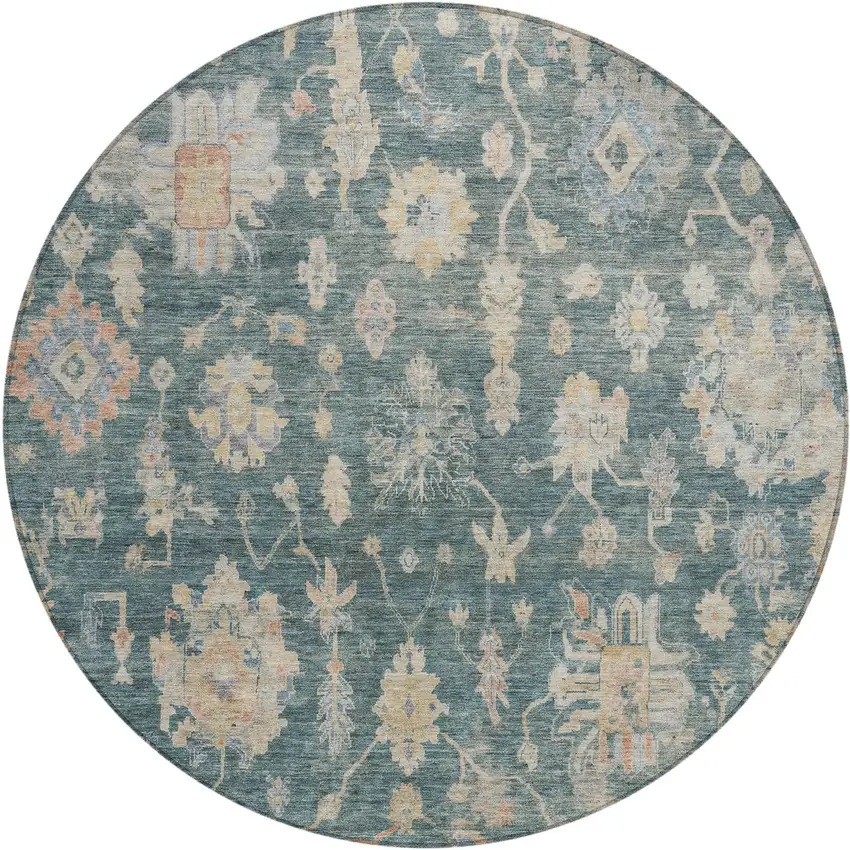 8' Teal Blue Beige And Gold Round Floral Washable Indoor Outdoor Area Rug Photo 1