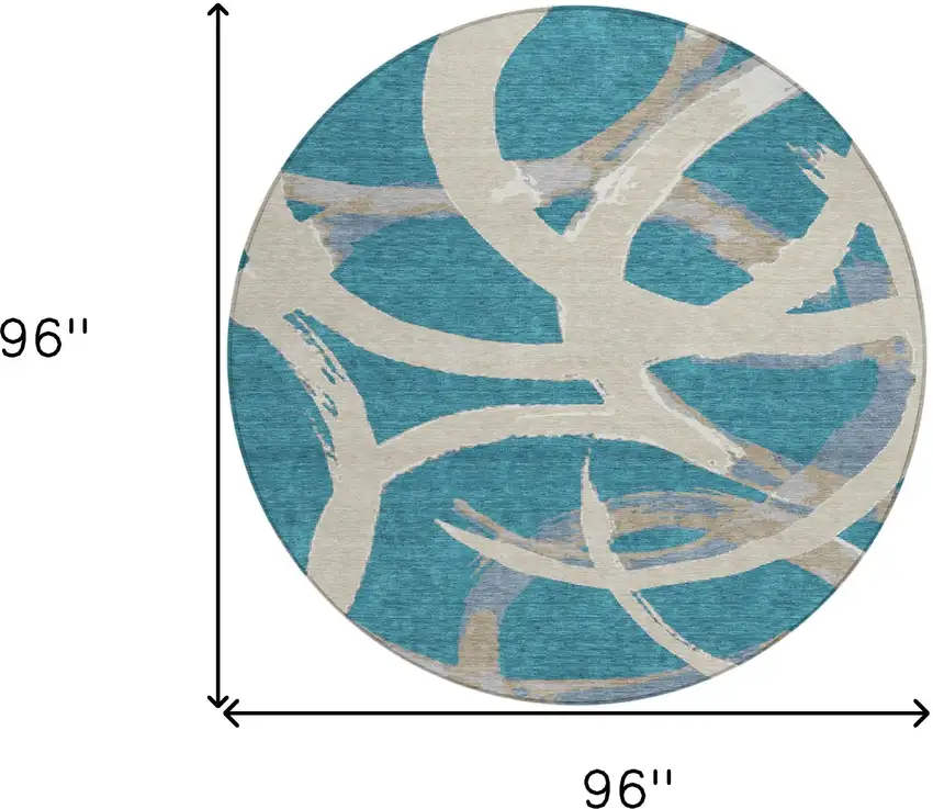 8' Teal Blue Beige And Gray Round Abstract Washable Indoor Outdoor Area Rug Photo 3