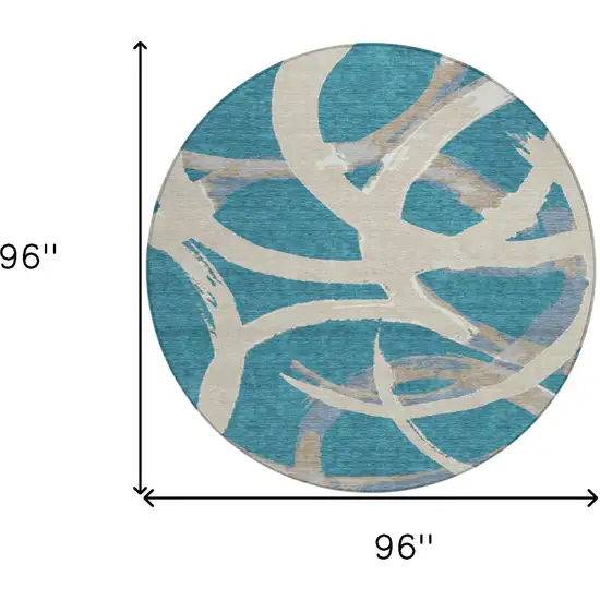 8' Teal Blue Beige And Gray Round Abstract Washable Indoor Outdoor Area Rug Photo 3