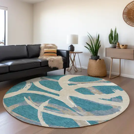 8' Teal Blue Beige And Gray Round Abstract Washable Indoor Outdoor Area Rug Photo 7