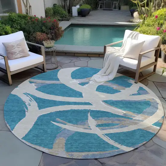 8' Teal Blue Beige And Gray Round Abstract Washable Indoor Outdoor Area Rug Photo 6