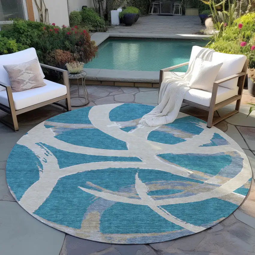 8' Teal Blue Beige And Gray Round Abstract Washable Indoor Outdoor Area Rug Photo 6
