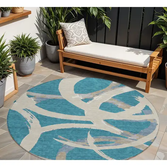 8' Teal Blue Beige And Gray Round Abstract Washable Indoor Outdoor Area Rug Photo 1