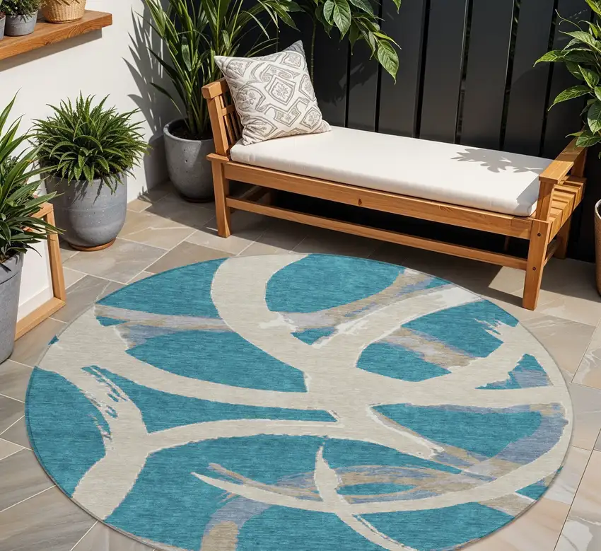 8' Teal Blue Beige And Gray Round Abstract Washable Indoor Outdoor Area Rug Photo 1
