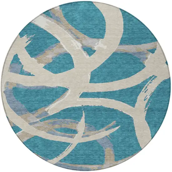 8' Teal Blue Beige And Gray Round Abstract Washable Indoor Outdoor Area Rug Photo 5