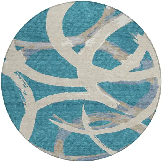 8' Teal Blue Beige And Gray Round Abstract Washable Indoor Outdoor Area Rug Photo 2