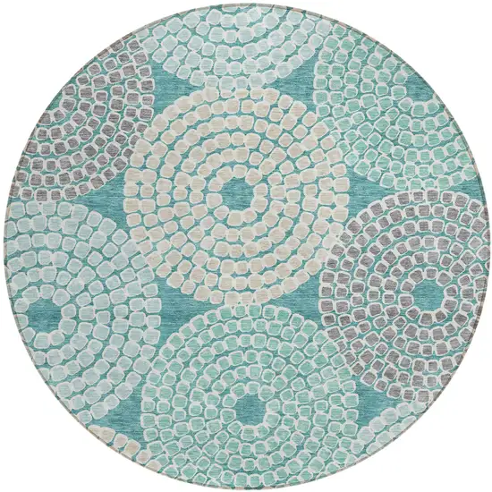 8' Teal Blue Beige And Gray Round Geometric Washable Indoor Outdoor Area Rug Photo 2