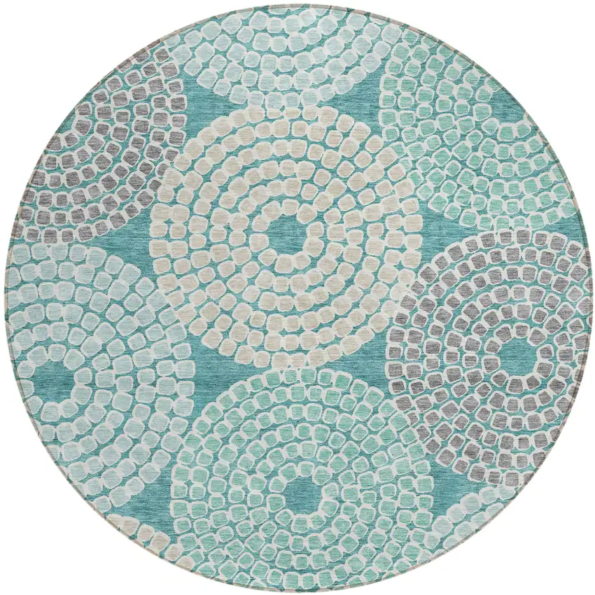 8' Teal Blue Beige And Gray Round Geometric Washable Indoor Outdoor Area Rug Photo 2