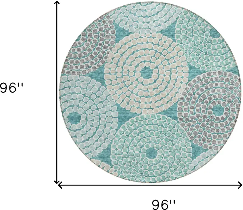 8' Teal Blue Beige And Gray Round Geometric Washable Indoor Outdoor Area Rug Photo 3