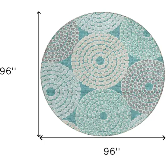 8' Teal Blue Beige And Gray Round Geometric Washable Indoor Outdoor Area Rug Photo 3