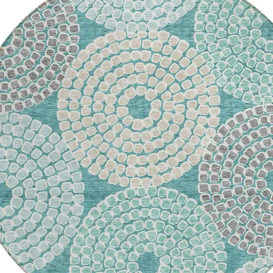 8' Teal Blue Beige And Gray Round Geometric Washable Indoor Outdoor Area Rug Photo 4