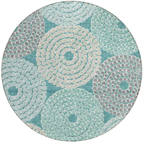 8' Teal Blue Beige And Gray Round Geometric Washable Indoor Outdoor Area Rug Photo 6