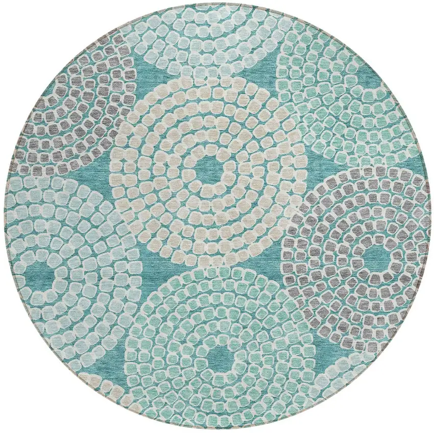 8' Teal Blue Beige And Gray Round Geometric Washable Indoor Outdoor Area Rug Photo 6