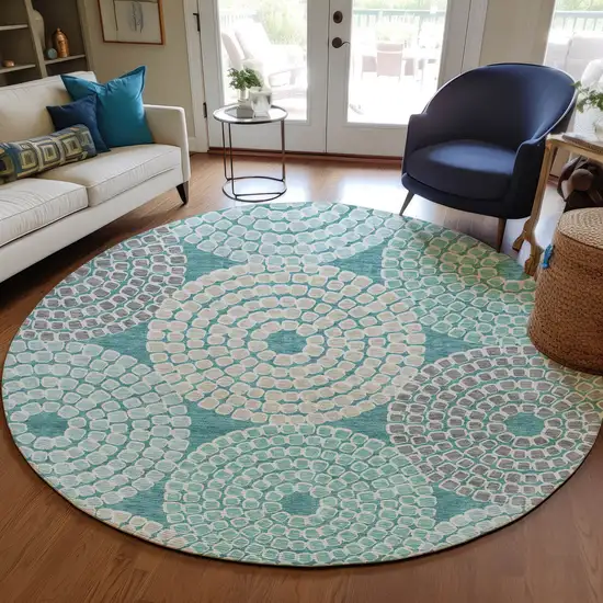8' Teal Blue Beige And Gray Round Geometric Washable Indoor Outdoor Area Rug Photo 8
