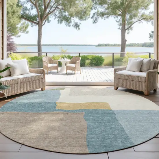 8' Teal Blue Beige And Ivory Round Abstract Washable Indoor Outdoor Area Rug Photo 3