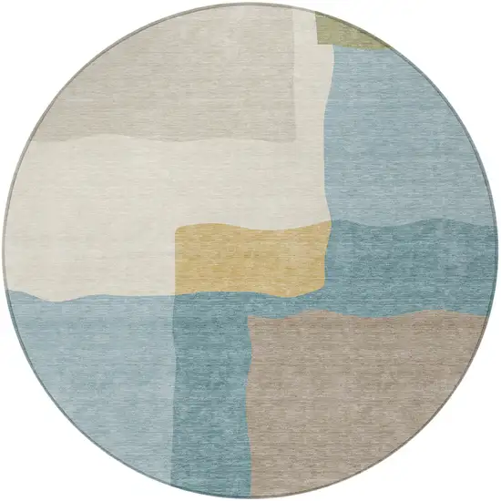 8' Teal Blue Beige And Ivory Round Abstract Washable Indoor Outdoor Area Rug Photo 2