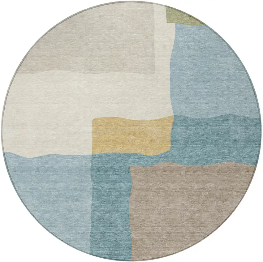 8' Teal Blue Beige And Ivory Round Abstract Washable Indoor Outdoor Area Rug Photo 2