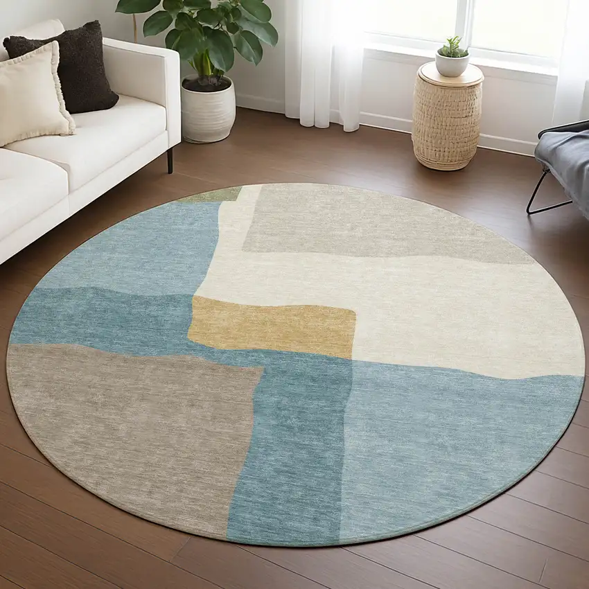 8' Teal Blue Beige And Ivory Round Abstract Washable Indoor Outdoor Area Rug Photo 4
