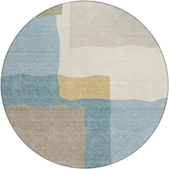 8' Teal Blue Beige And Ivory Round Abstract Washable Indoor Outdoor Area Rug Photo 1