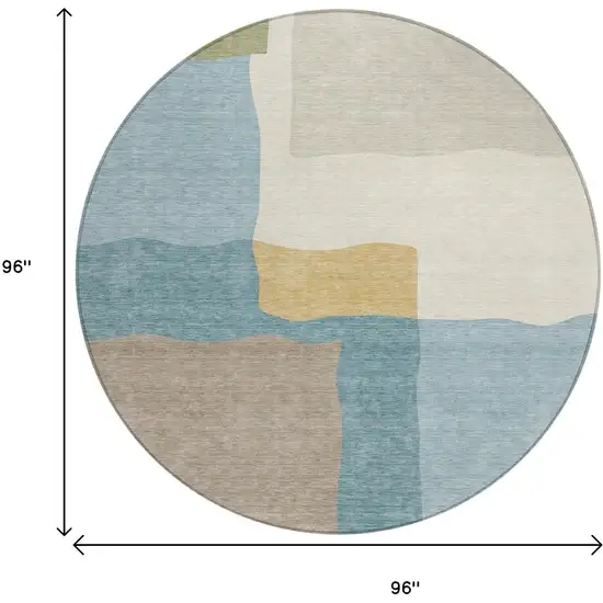 8' Teal Blue Beige And Ivory Round Abstract Washable Indoor Outdoor Area Rug Photo 9