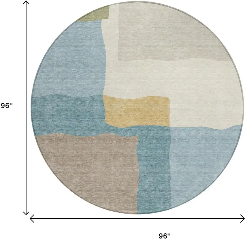 8' Teal Blue Beige And Ivory Round Abstract Washable Indoor Outdoor Area Rug Photo 9