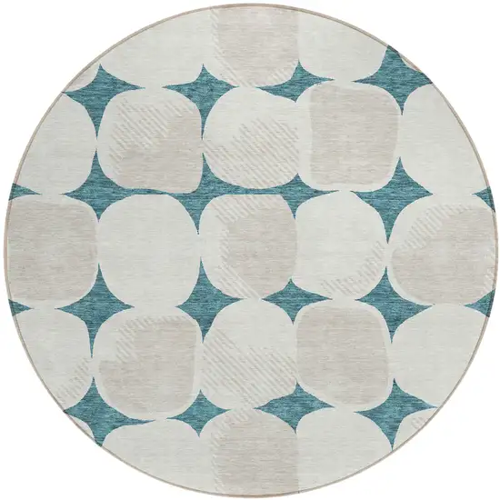 8' Teal Blue Beige And Ivory Round Abstract Washable Indoor Outdoor Area Rug Photo 2