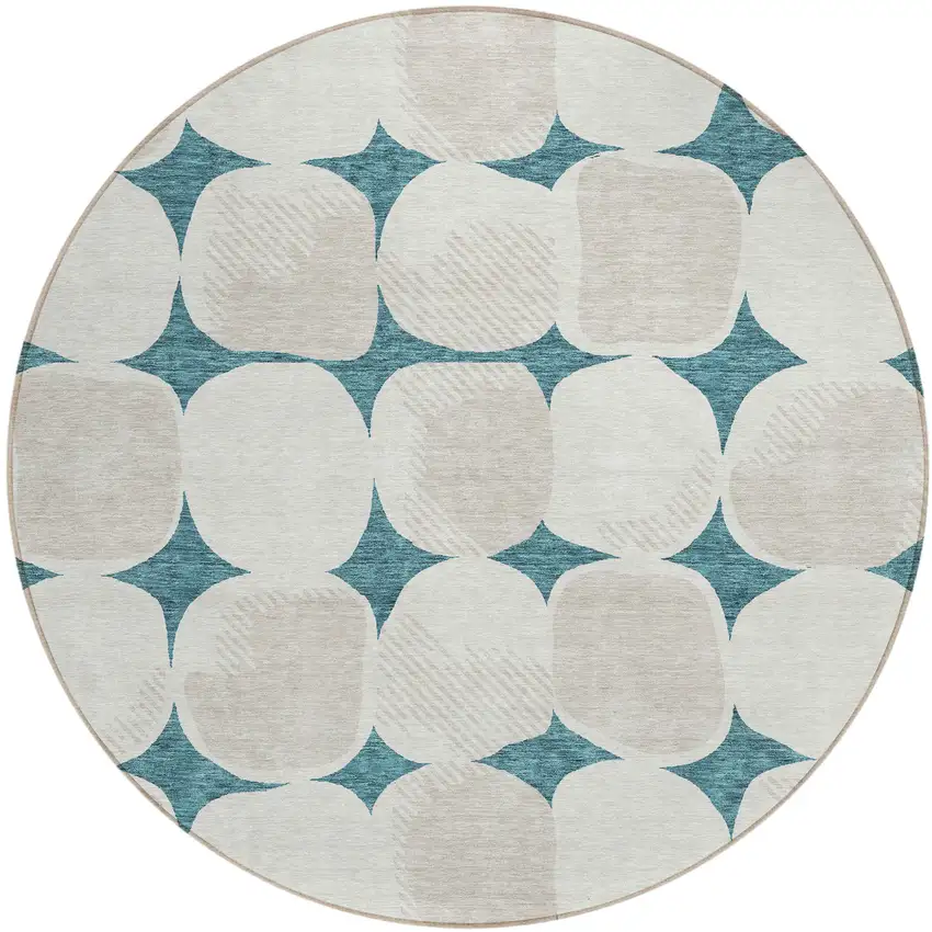 8' Teal Blue Beige And Ivory Round Abstract Washable Indoor Outdoor Area Rug Photo 2