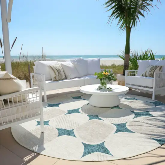 8' Teal Blue Beige And Ivory Round Abstract Washable Indoor Outdoor Area Rug Photo 7