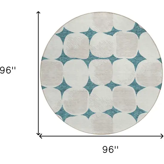 8' Teal Blue Beige And Ivory Round Abstract Washable Indoor Outdoor Area Rug Photo 3
