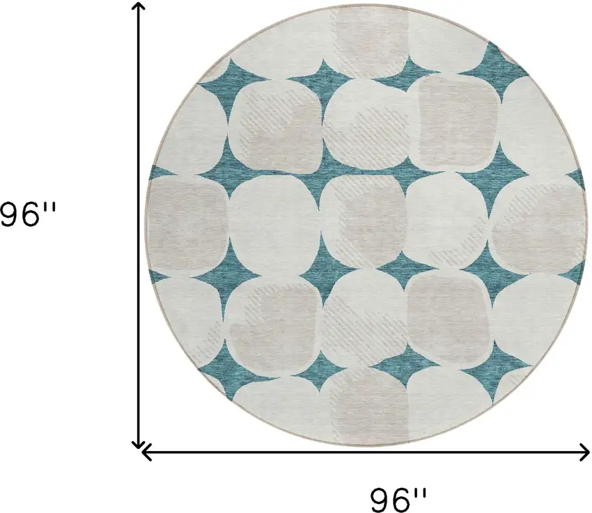 8' Teal Blue Beige And Ivory Round Abstract Washable Indoor Outdoor Area Rug Photo 3