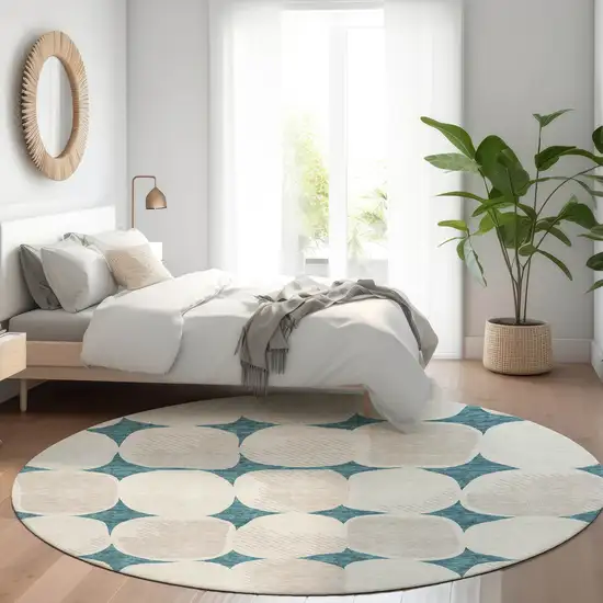 8' Teal Blue Beige And Ivory Round Abstract Washable Indoor Outdoor Area Rug Photo 8
