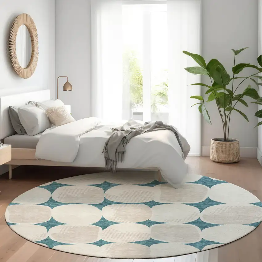 8' Teal Blue Beige And Ivory Round Abstract Washable Indoor Outdoor Area Rug Photo 8