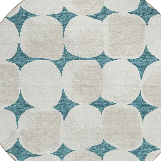 8' Teal Blue Beige And Ivory Round Abstract Washable Indoor Outdoor Area Rug Photo 4