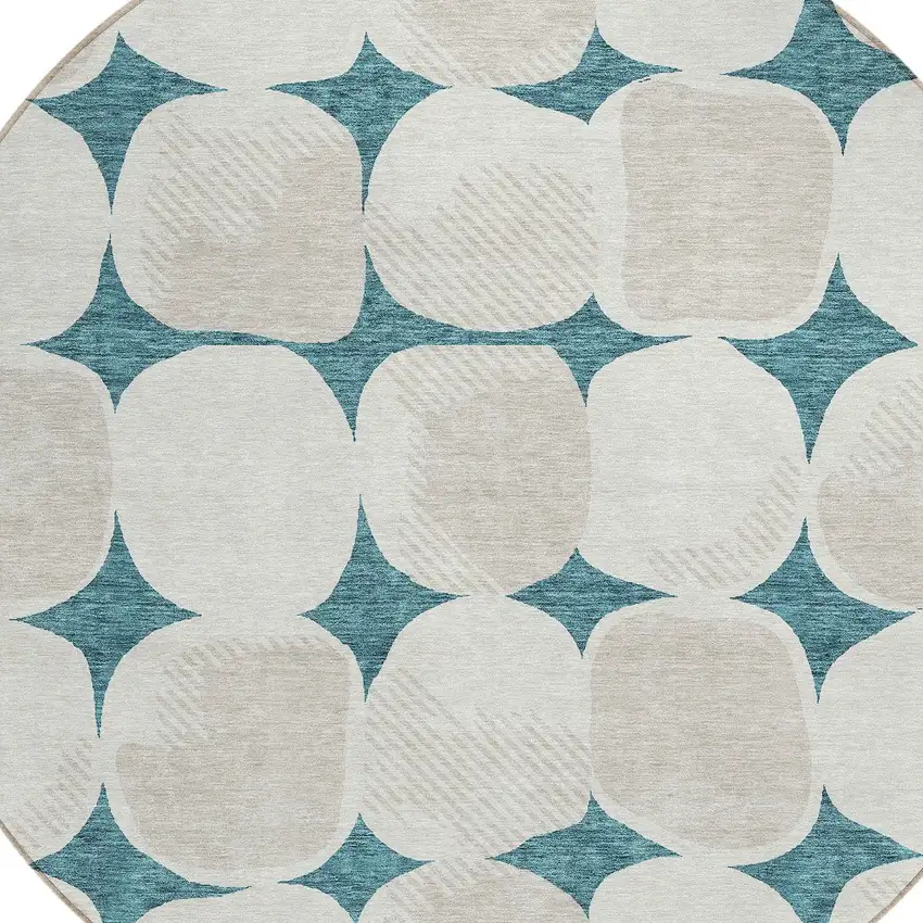 8' Teal Blue Beige And Ivory Round Abstract Washable Indoor Outdoor Area Rug Photo 4