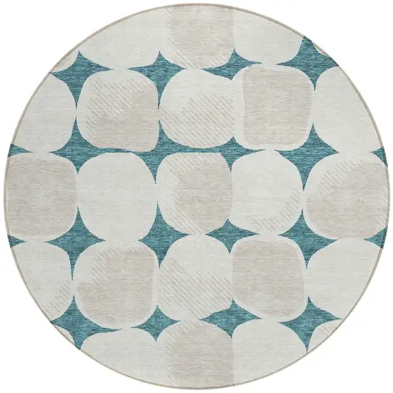 8' Teal Blue Beige And Ivory Round Abstract Washable Indoor Outdoor Area Rug Photo 6