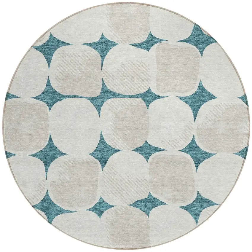8' Teal Blue Beige And Ivory Round Abstract Washable Indoor Outdoor Area Rug Photo 6