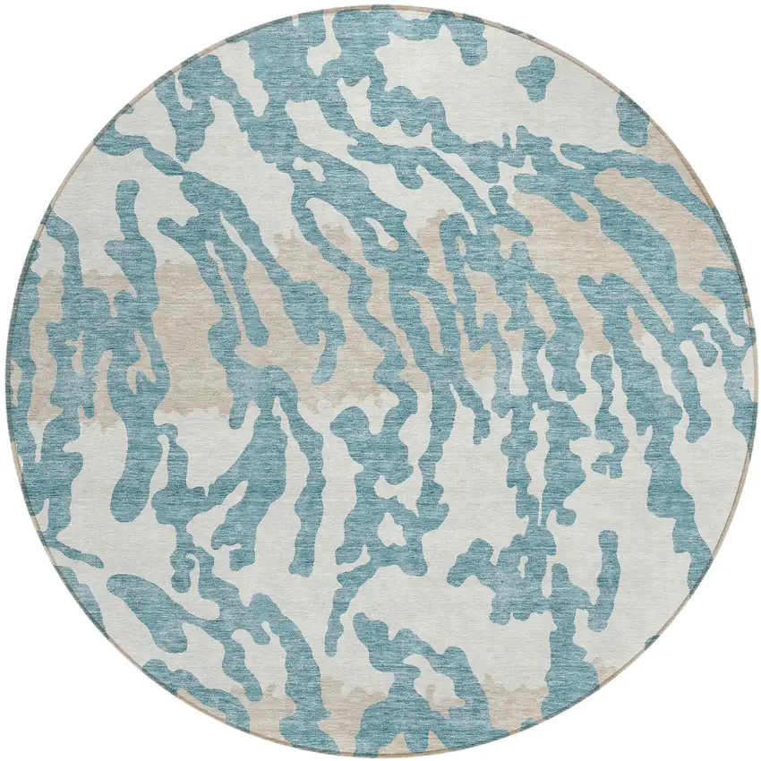 8' Teal Blue Beige And Ivory Round Animal Print Washable Indoor Outdoor Area Rug Photo 2