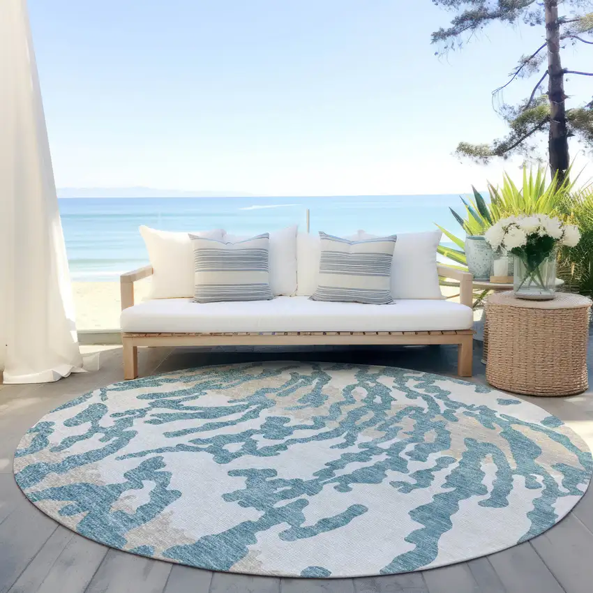 8' Teal Blue Beige And Ivory Round Animal Print Washable Indoor Outdoor Area Rug Photo 6