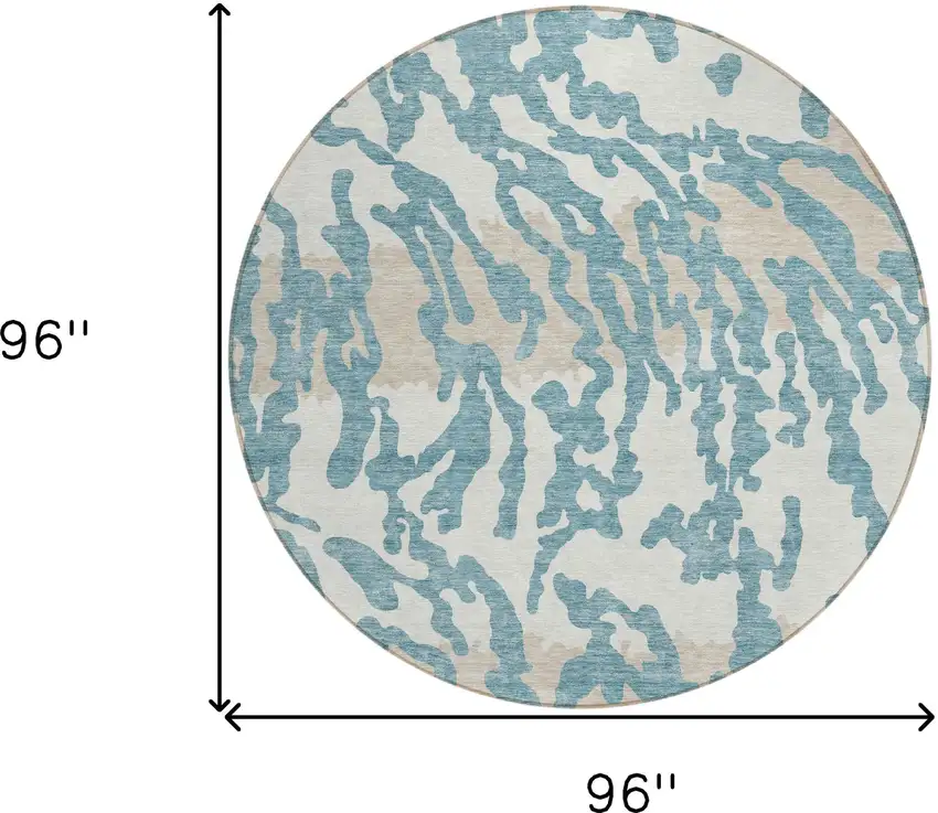 8' Teal Blue Beige And Ivory Round Animal Print Washable Indoor Outdoor Area Rug Photo 3