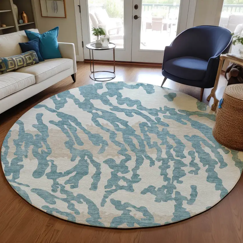 8' Teal Blue Beige And Ivory Round Animal Print Washable Indoor Outdoor Area Rug Photo 7