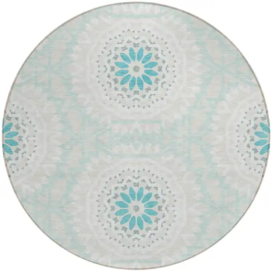 8' Teal Blue Beige And Ivory Round Floral Medallion Washable Indoor Outdoor Area Rug Photo 2