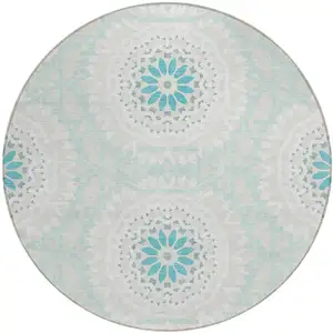 Photo of 8' Teal Blue Beige And Ivory Round Floral Medallion Washable Indoor Outdoor Area Rug