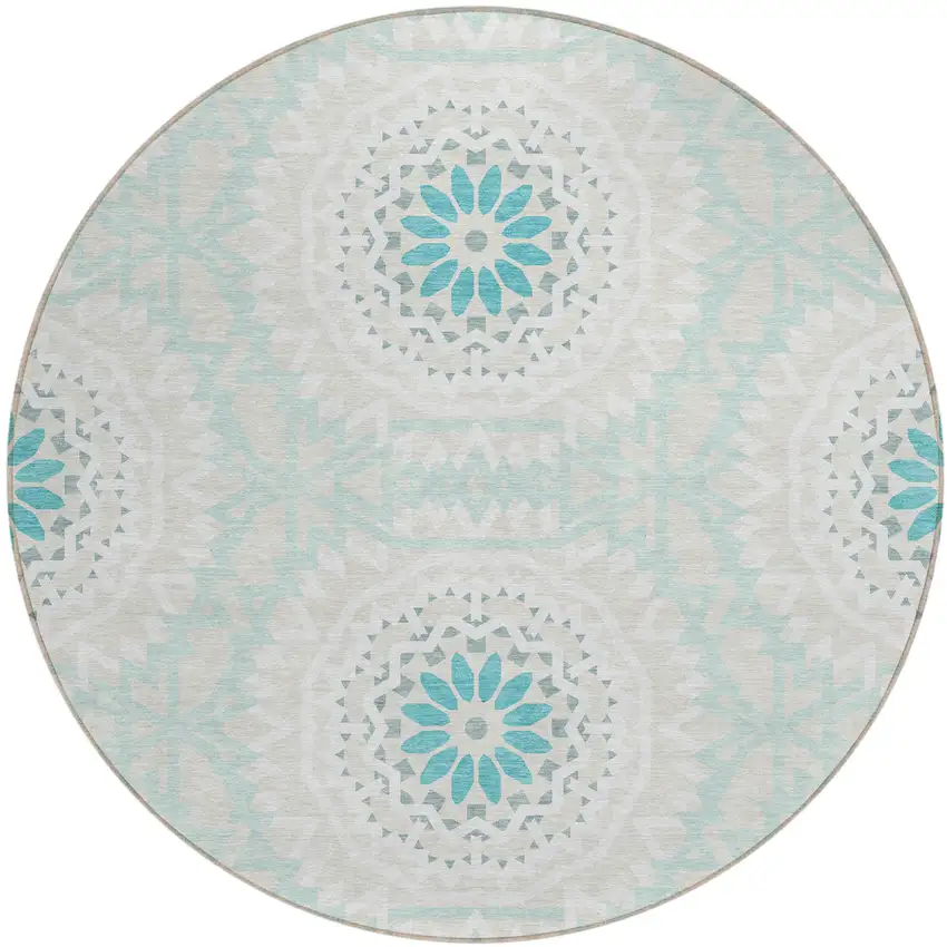 8' Teal Blue Beige And Ivory Round Floral Medallion Washable Indoor Outdoor Area Rug Photo 2