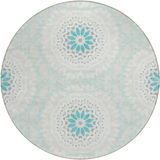 8' Teal Blue Beige And Ivory Round Floral Medallion Washable Indoor Outdoor Area Rug Photo 2