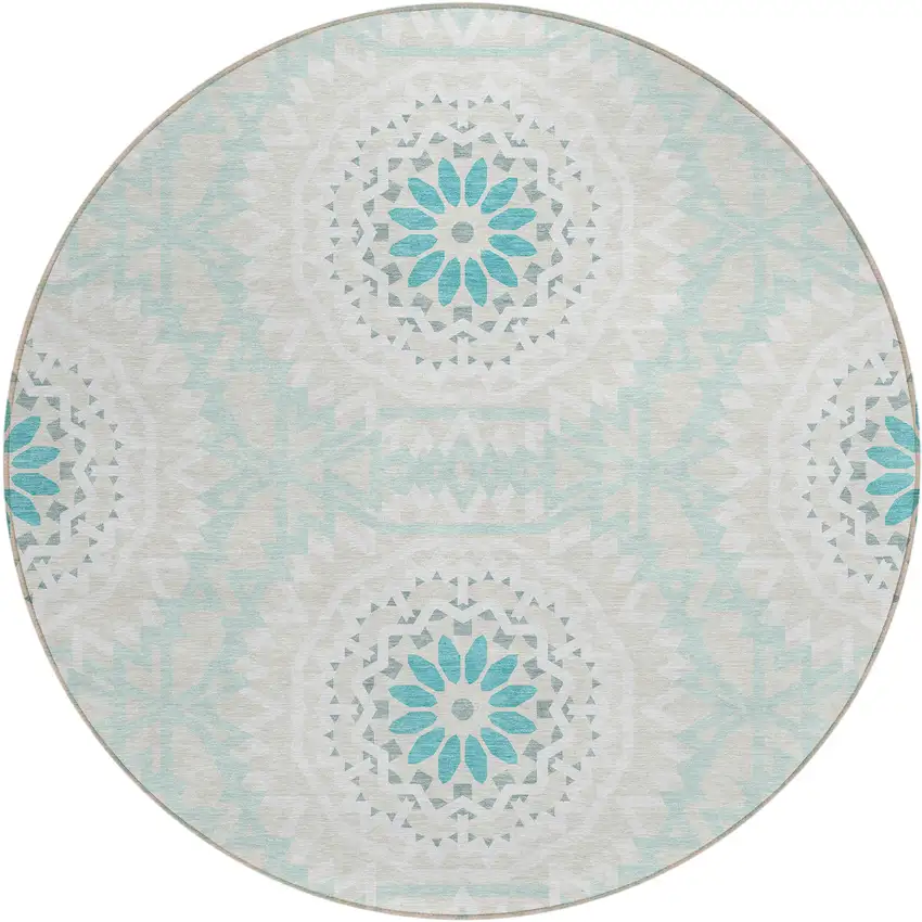8' Teal Blue Beige And Ivory Round Floral Medallion Washable Indoor Outdoor Area Rug Photo 2