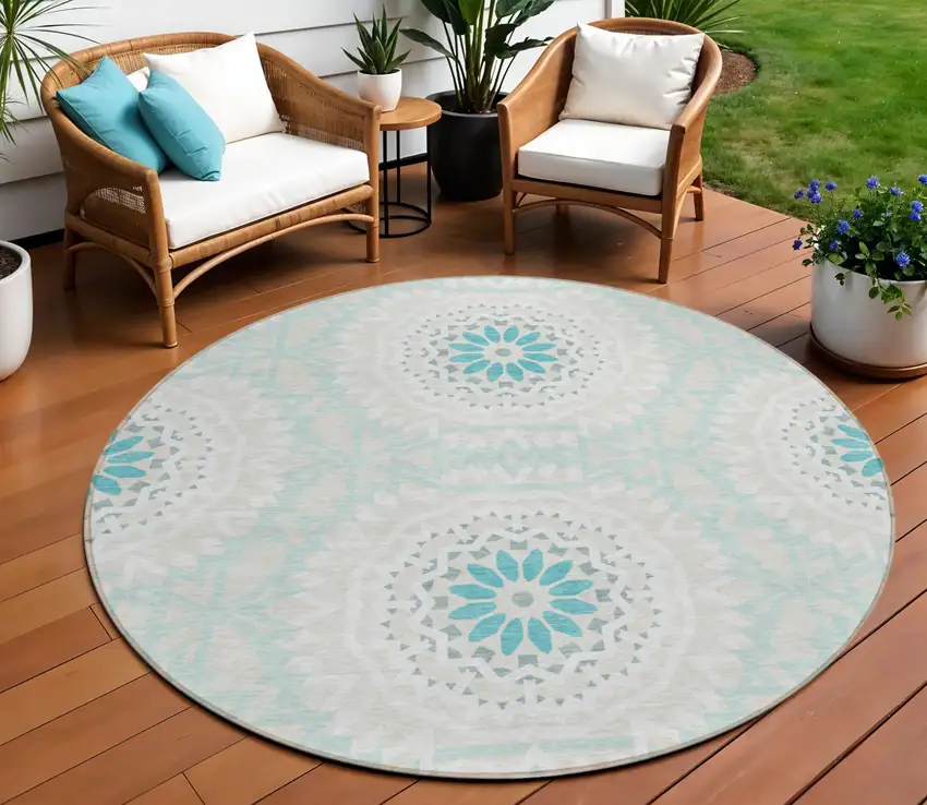 8' Teal Blue Beige And Ivory Round Floral Medallion Washable Indoor Outdoor Area Rug Photo 1