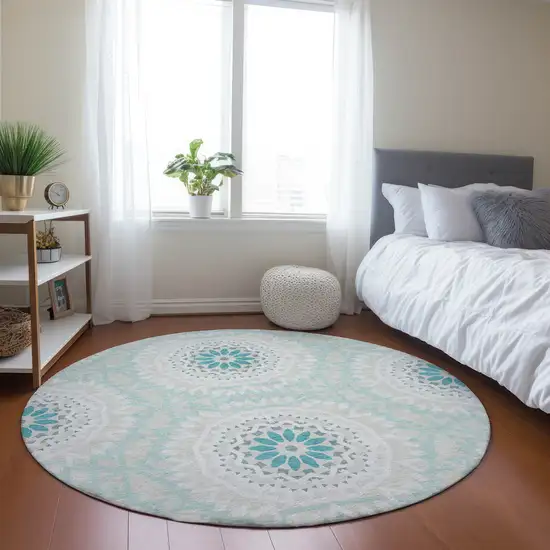 8' Teal Blue Beige And Ivory Round Floral Medallion Washable Indoor Outdoor Area Rug Photo 7