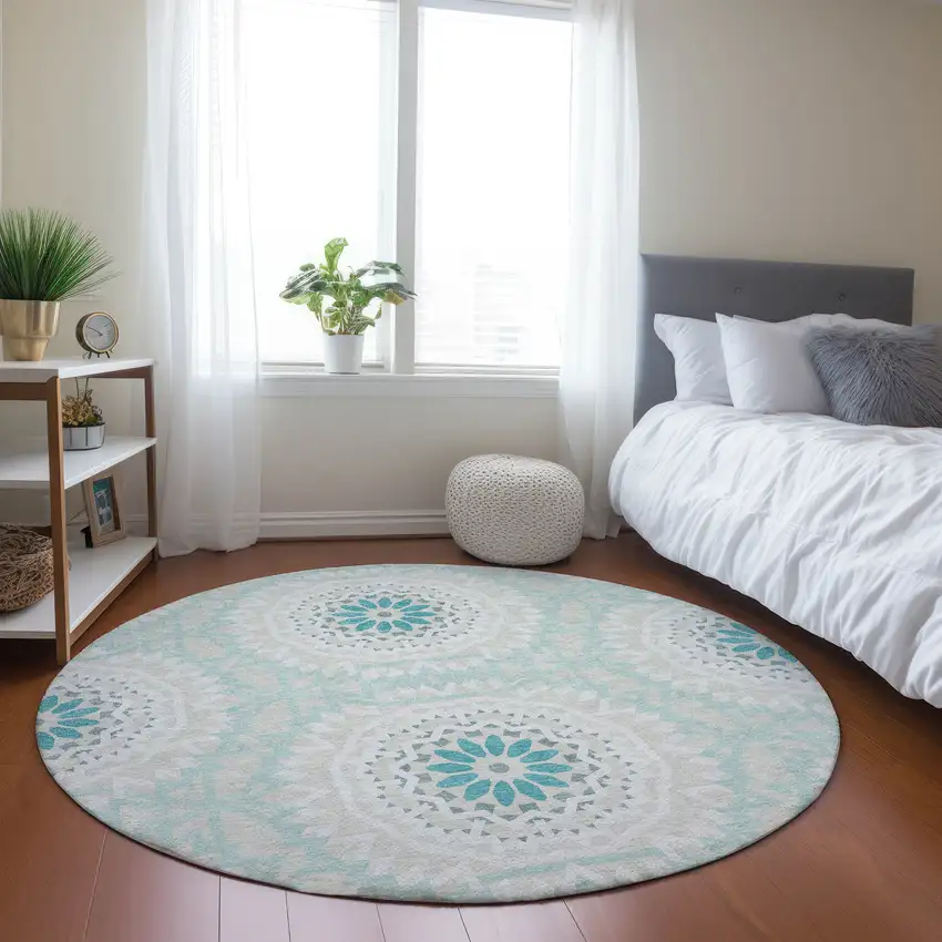 8' Teal Blue Beige And Ivory Round Floral Medallion Washable Indoor Outdoor Area Rug Photo 7